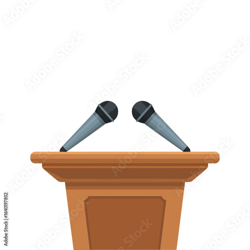 Wooden podium with two microphones for public speaking or presentation