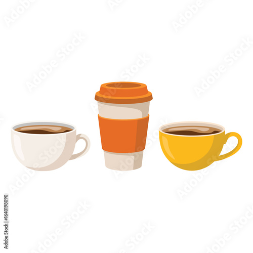 Three cups of coffee including a takeaway cup and two ceramic mugs