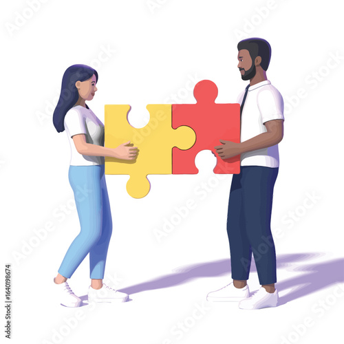 Man and woman working together to connect puzzle pieces