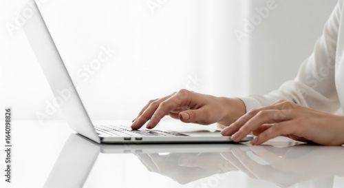 A woman's hands in a white blouse typing on a laptop on a white, minimalist desk and background.