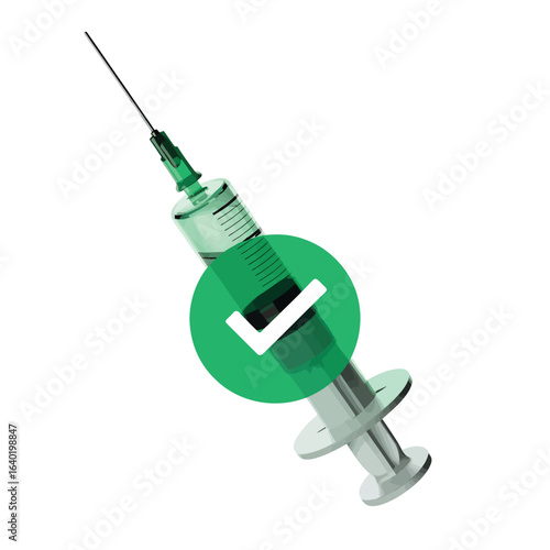 Medical syringe with a green checkmark indicating successful vaccination or treatment