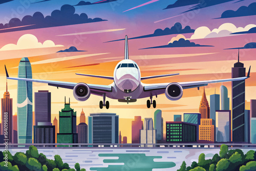 Commercial airplane approaching city skyline at dawn, blending urban architecture with aviation travel, transportation themes, airline branding, and sunrise photography concept