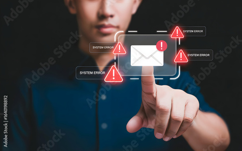 Frustrated user taps error message alerts, dealing with urgent system notification problems, highlighting cybersecurity issues and the need for tech support