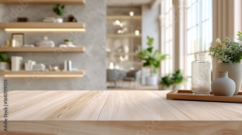 Living room interior with wooden table in foreground, Wood empty table top on blur kitchen counter room background, for montage product display or design key visual layout, template