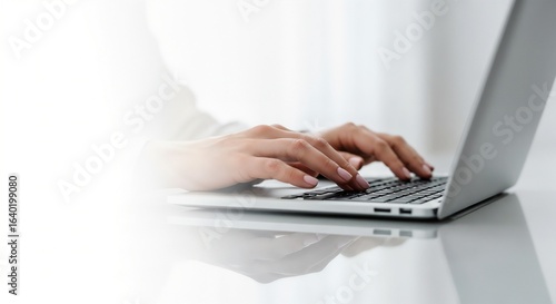 Close-up of a woman's hands with a neat manicure typing on a laptop keyboard, against a bright, white background.