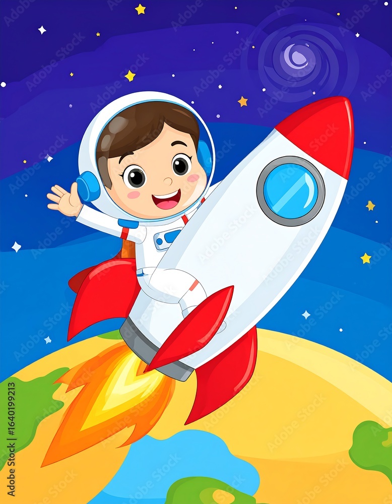 Fototapeta premium Child astronaut in rocket ship, space background
