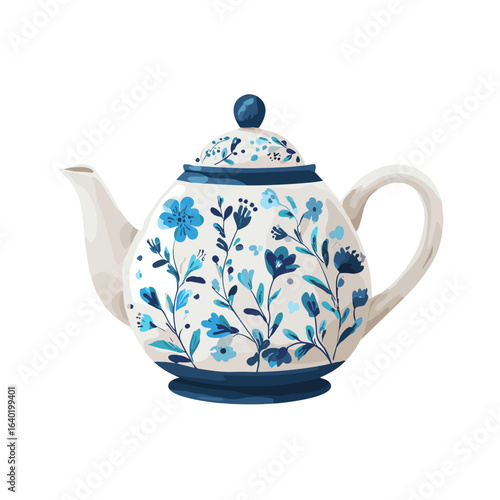Teapot with blue floral design sits on a plain white background, showcasing elegant craftsmanship and artistic detail
