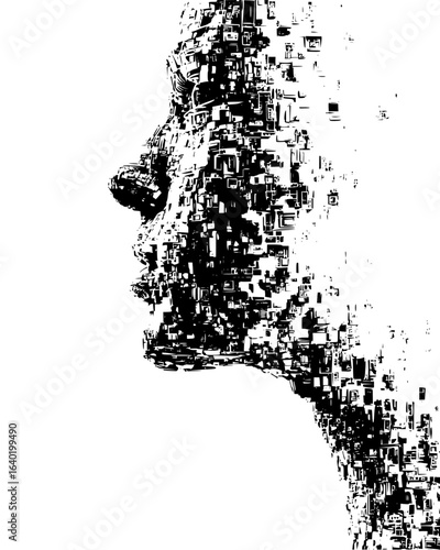 Abstract pixelated face profile art design black and white illustration digital artwork portrait graphic style 3d render vector art