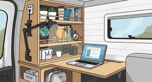 Cozy Van Interior with Workspace and Modern Furniture