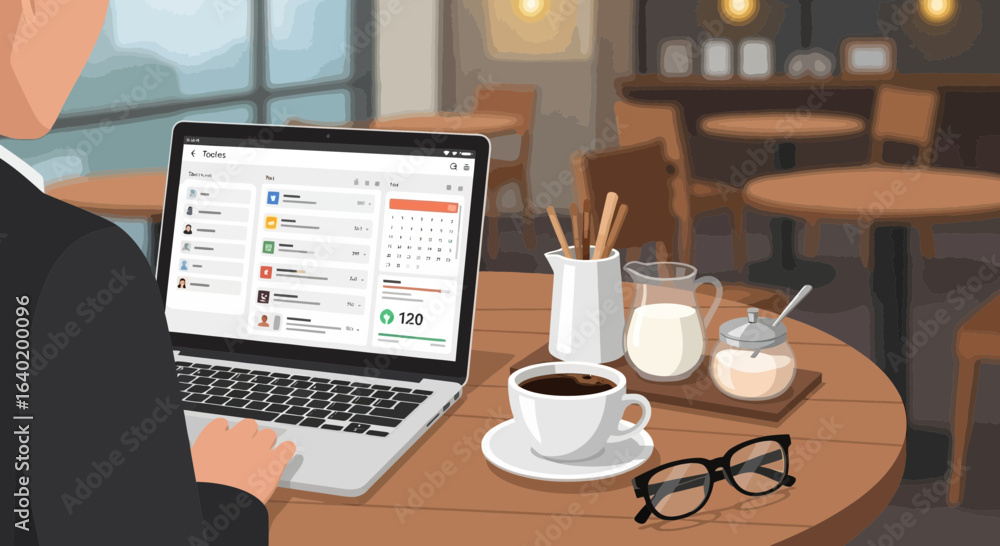 Fototapeta premium Man Working On Laptop In A Cafe While Having Coffee