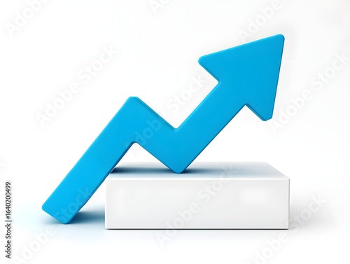 Blue arrow pointing up on white cube representing growth success and positive trend