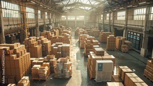 High-resolution aerial view of a large warehouse facility with neatly organized and stacked cardboard boxes prepared for distribution, shipping, and delivery across the supply chain