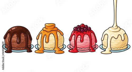 Delicious ice cream scoops with various toppings illustration on white