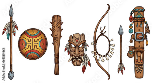 Cartoon Illustration of Tribal Weapons and Mask on White Background