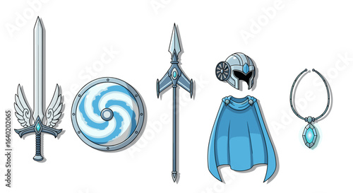 Fantasy Hero Equipment Set with Sword, Shield, Spear, Helmet and Necklace
