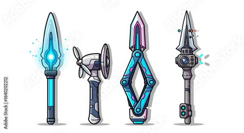 Four uniquely designed futuristic weapons isolated on a clean white background.