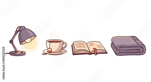 Cozy Still Life Illustration with Tea, Book, Lamp, and Blanket