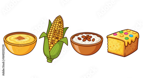 Festive array of traditional food elements on white background