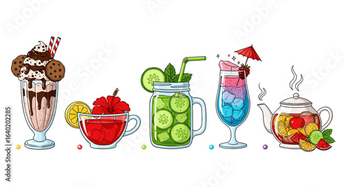Vibrant Cartoon Illustration Showcasing Refreshing Summer Drinks and Teas