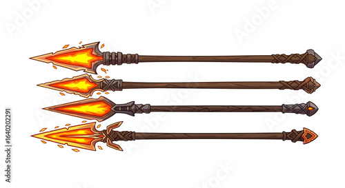 Collection of Fiery Spear Weapons on White Background Art