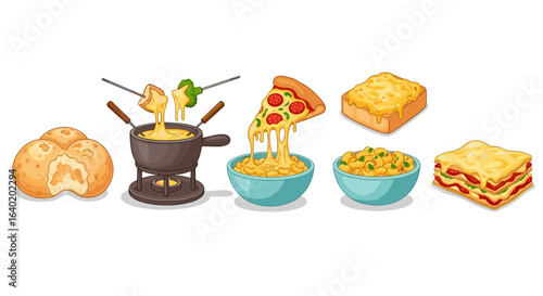 Cartoonish Delicious Dinner: Featuring Pizza, Lasagna, Fondue, Toast and Macaroni