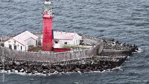 Detailed view of Kolka Lighthouse in the Baltic Sea, Latvia, surrounded by stone walls and breakwaters, with numerous seabirds perched on the structure above the waves.