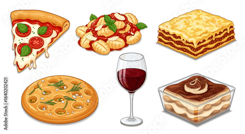 Delicious Italian Feast: Assortment of Classic Dishes and a Glass of Wine