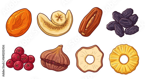 Assorted dried fruits beautifully arranged on a clean, white background.