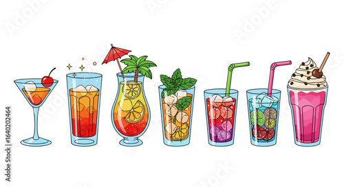 Vibrant array of colorful cocktails and drinks with festive decorations