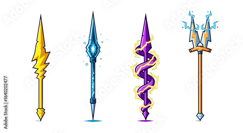Elemental Weaponry: Cartoon Spears and Trident with Lightning Designs