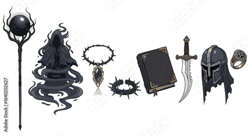Dark Fantasy Items: Staff, Hooded Figure, Jewelry, Book, Sword, Helmet, Ring