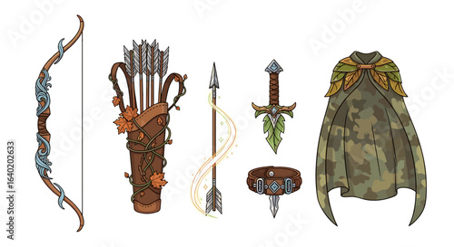 Enchanting Elven Equipment Ready for Adventure in Whimsical Illustration