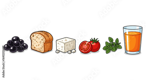 Fresh Food Still Life with Olives, Bread, Cheese, and Juice