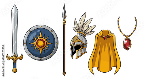 Fantasy Warrior Outfit: Sword, Shield, Spear, Helmet, Cape and Jewel