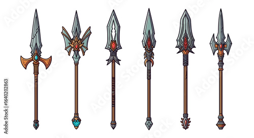 Decorative Fantasy Spear Designs, Various Styles, Game Weaponry Isolated