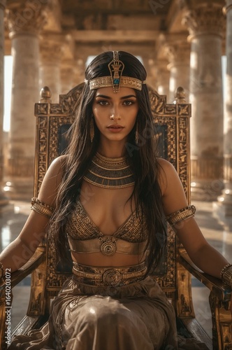 Frau in goldener ägyptischer Kleidung sitzt majestätisch auf Thron zwischen antiken Säulen