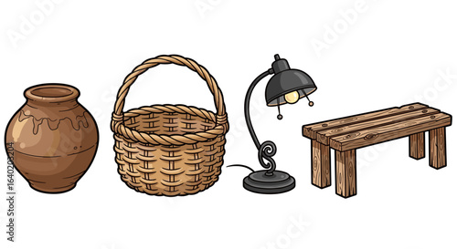 Isolated still life featuring a rustic pottery vase, woven basket, lamp, and stool