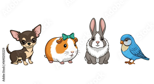 Adorable cartoon pets: A Chihuahua, guinea pig, rabbit, and bird