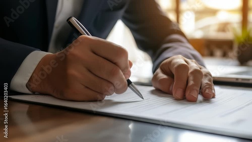 A close-up shot of a person in formal attire signing a document on a desk. The scene suggests a business transaction, contract signing, or official agreement, with a focus on the process.