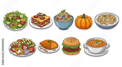 Cartoon Illustration of Diverse and Colorful Vegetarian Meals on Plates