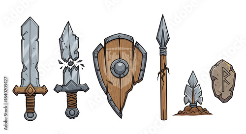 Cartoon medieval weaponry set against clean white background illustration