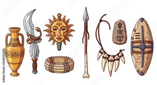 Ancient artifacts collection on a white background, isolated vector illustration