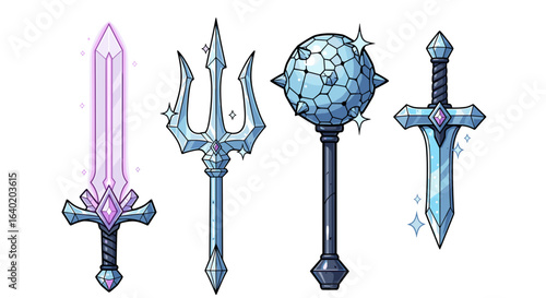 Gleaming arsenal: Crystal sword, trident, mace, and shortsword illustration