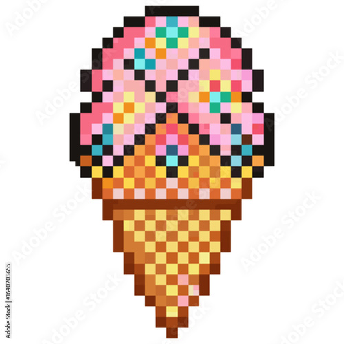 Pixel art ice cream cone with colorful sprinkles on top, white background, isolated, vector  