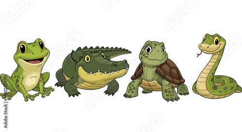 Cartoon amphibians and reptiles isolated on a white background.