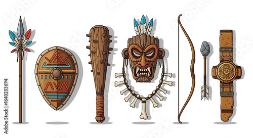 Ancient tribal warrior tools and ceremonial items on white background.