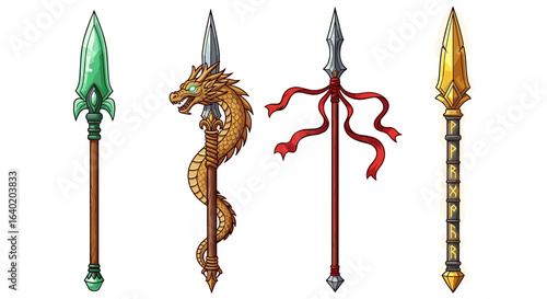 Collection of Ornate Fantasy Spears and Lances on a White Backdrop