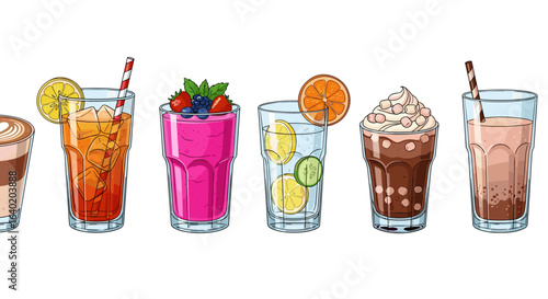 Colorful variety of refreshing drinks in tall glasses, isolated composition