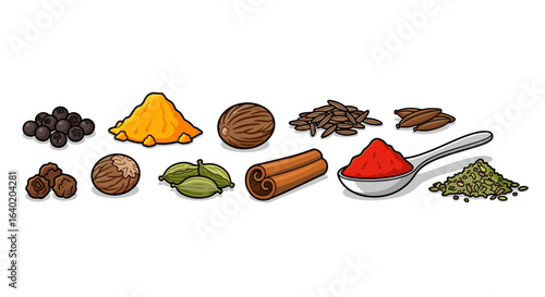 Assorted culinary spices: colorful herbs and seasonings on a white background
