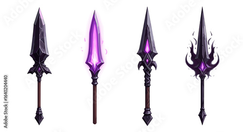 Fantastical spears collection with magical glowing elements on a white backdrop